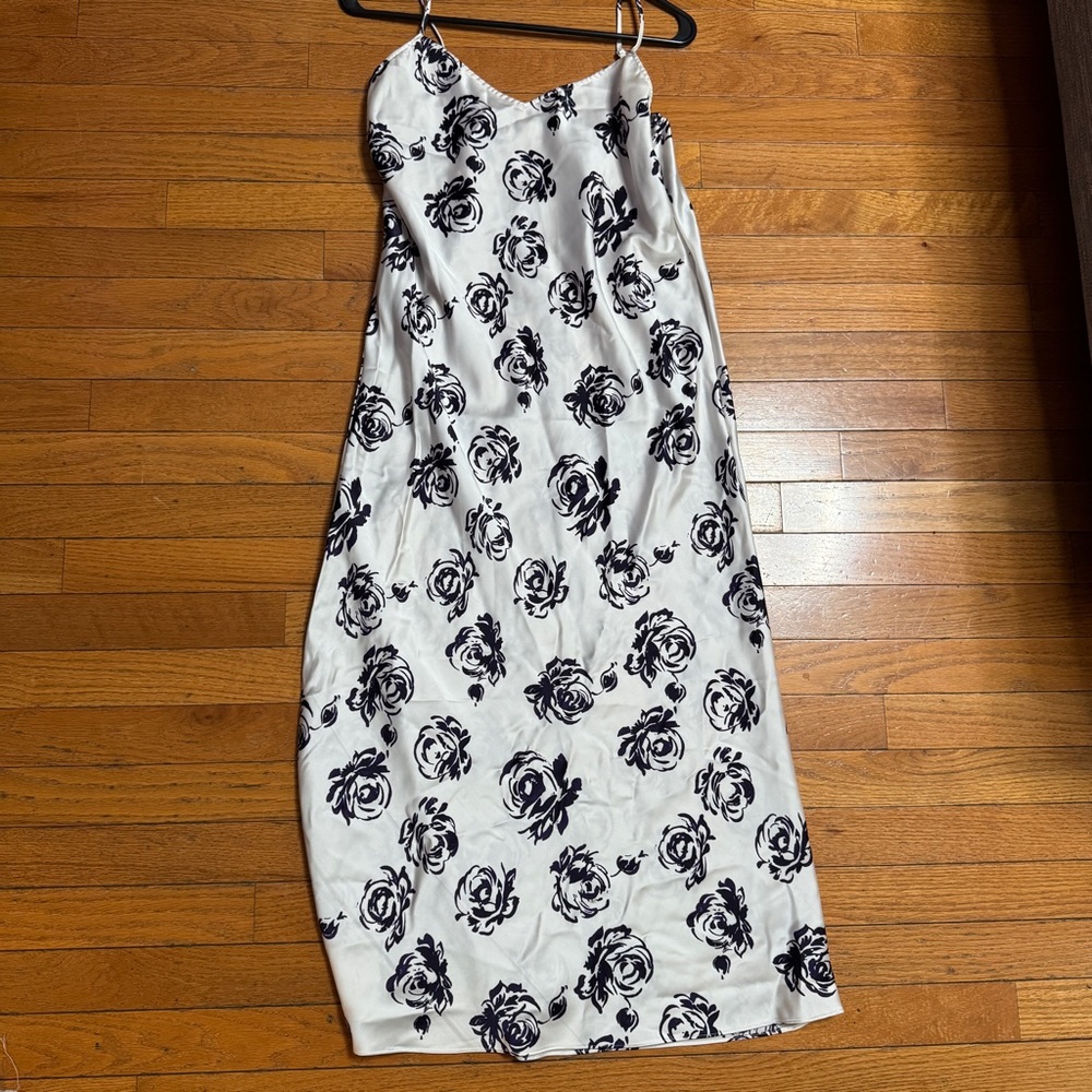 Club Monaco Satin Slip Midi Dress with a purple/white plum rose print.